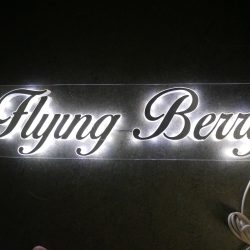 Flying Berry -juomatalon valokyltti läpinäkyvällä akryylitaustalla ja jyrsityillä LED-kirjaimilla - RWM-Systems.